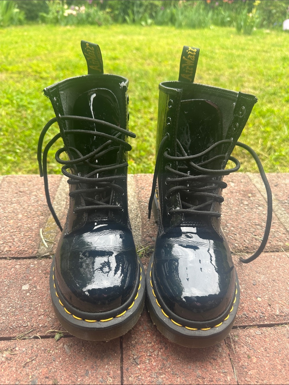Dr. Martens Black Patent Leather Boots with Yellow Stitching
